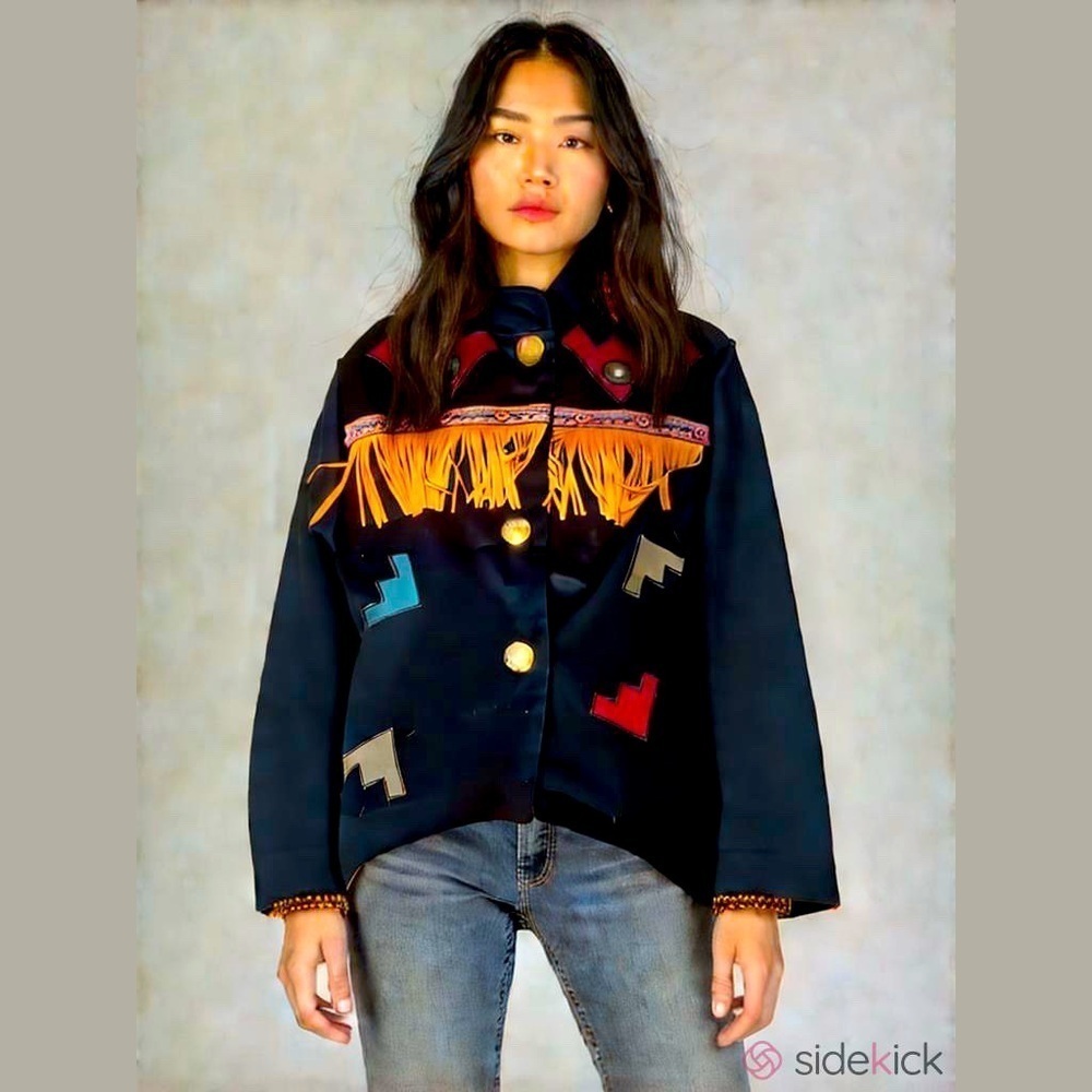 Marylou Ozbolt Storer Wool Leather Fringe Coat Aztec